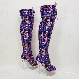 Bulls Cobalt Multi Color Print Patent OTK Clear Platform High Heel Thigh Boots